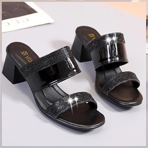 Casual Rhinestone Open Toe Strap Slipper Sandals - Black image