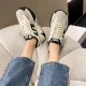 Soft Breathable Round Toe Thick Bottom Lace Up Sneakers - Black image