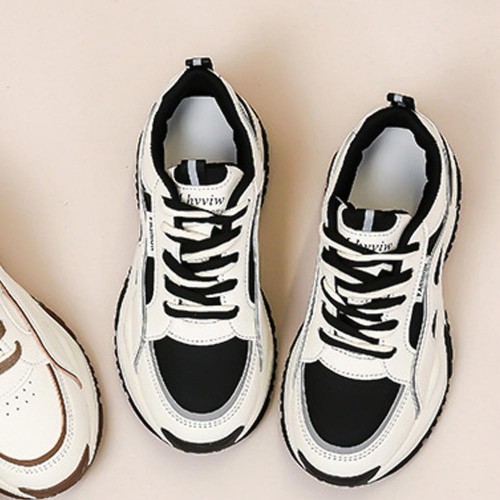 Comfortable Platform Hot Reflective Lace Up Chunky Sneakers - Black image