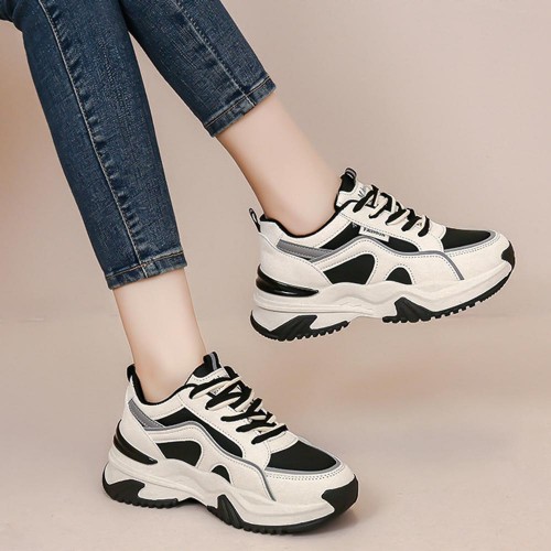 Comfortable Platform Hot Reflective Lace Up Chunky Sneakers - Black image