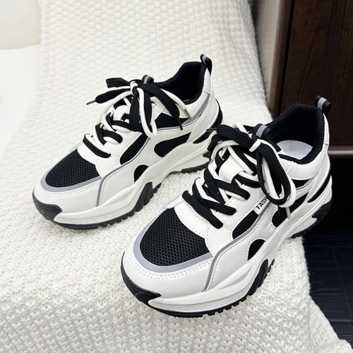 Comfortable Platform Hot Reflective Lace Up Chunky Sneakers - Black image