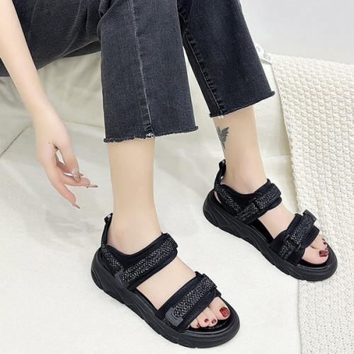 Comfortable Velcro Ankle Strap Open Toe Wedge Sandals - Black image