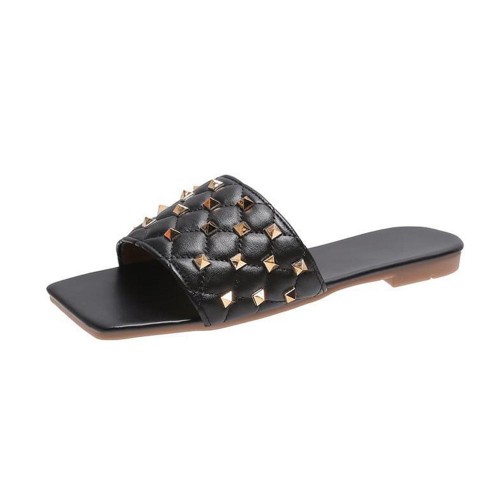 Rhombus Comfortable Flat Bottom Square Toe Slippers - Black image