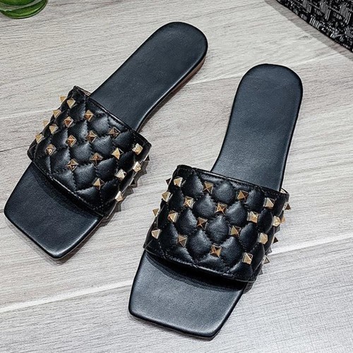 Rhombus Comfortable Flat Bottom Square Toe Slippers - Black image