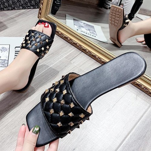 Rhombus Comfortable Flat Bottom Square Toe Slippers - Black image