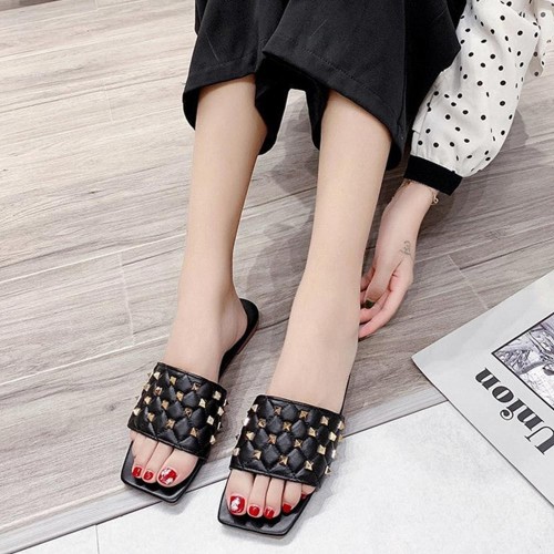 Rhombus Comfortable Flat Bottom Square Toe Slippers - Black image