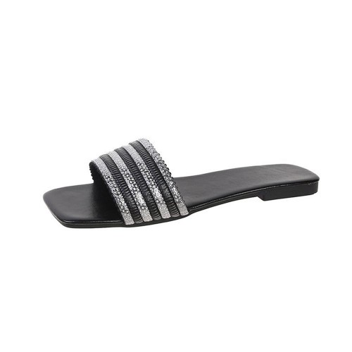 Rhinestone Non Slip Square Head Flat Bottom Slippers - Black image