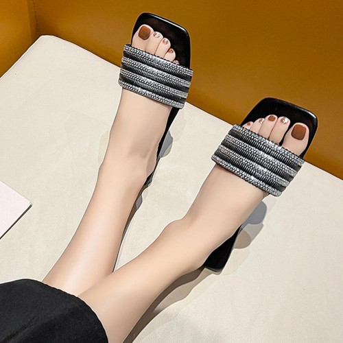 Rhinestone Non Slip Square Head Flat Bottom Slippers - Black image