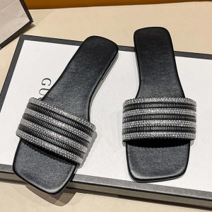 Rhinestone Non Slip Square Head Flat Bottom Slippers - Black