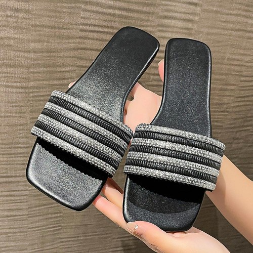 Rhinestone Non Slip Square Head Flat Bottom Slippers - Black image
