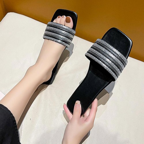 Rhinestone Non Slip Square Head Flat Bottom Slippers - Black image