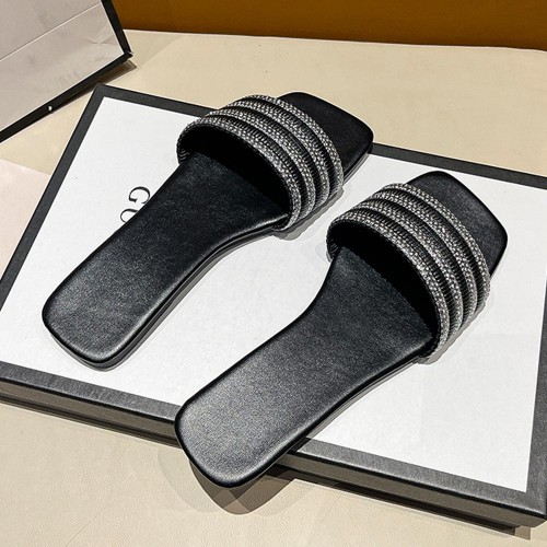 Rhinestone Non Slip Square Head Flat Bottom Slippers - Black image
