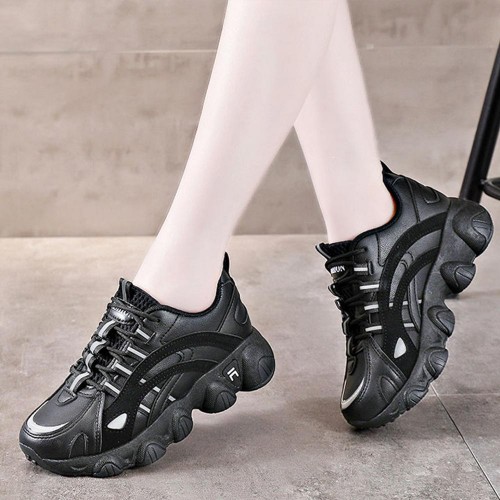 Breathable Mesh Round Toe Cross Straps Lace Up Sneakers - Black image