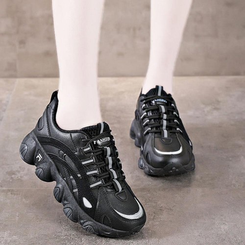 Breathable Mesh Round Toe Cross Straps Lace Up Sneakers - Black image