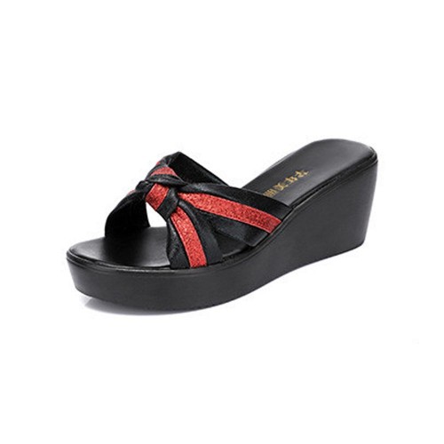 Cross Straps Soft Sole Open Toe Slip On Wedge Slippers - Red image