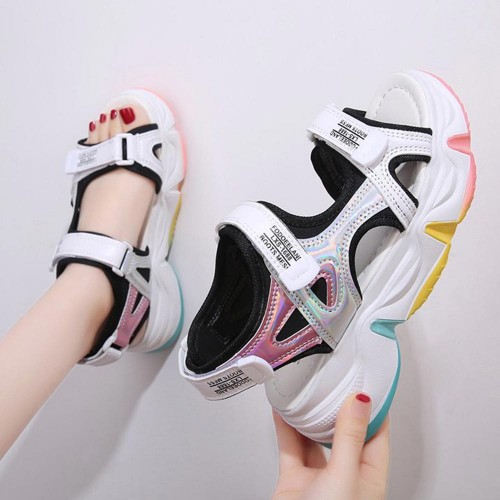 Rainbow Thick Bottom Velcro Closure Soft Sports Sandals - White image