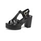 Hollows Peep Toe Stripy Buckle Closure Square Heel Sandals - Black image