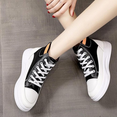Platform Lace Up Flat Bottom Breathable Mesh Sneakers - Black image
