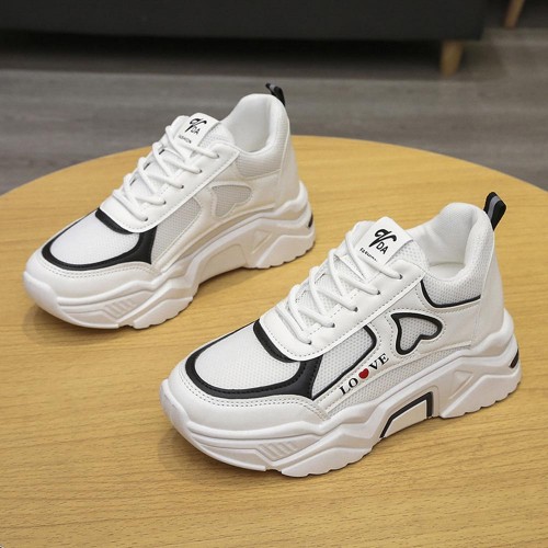 Breathable Soft Sole Thick Bottom Mesh Lace Up Sneakers - Black image