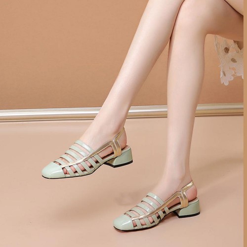 Luxury Luxury Strappy Hollows Square Heel Slip On Heel Sandals - Green