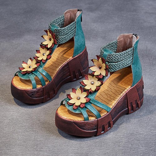 Flowers Decor Strappy Back Zipper Peep Toe Wedge Sandals - Green image