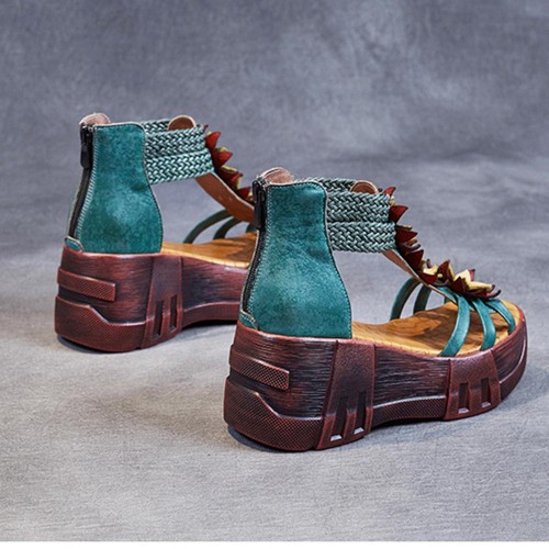 Flowers Decor Strappy Back Zipper Peep Toe Wedge Sandals - Green image