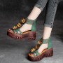 Flowers Decor Strappy Back Zipper Peep Toe Wedge Sandals - Green