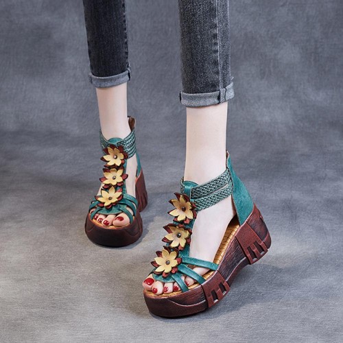 Flowers Decor Strappy Back Zipper Peep Toe Wedge Sandals - Green image