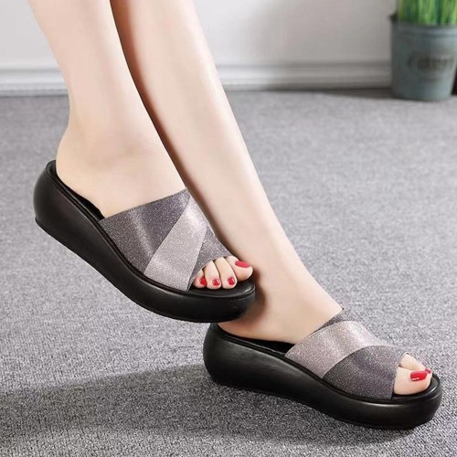 Casual Thick Sole Peep Toe Slip On Wedge Slippers - Grey image