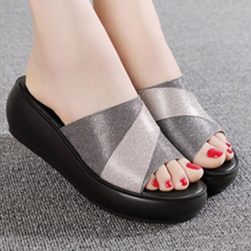Casual Thick Sole Peep Toe Slip On Wedge Slippers - Grey image