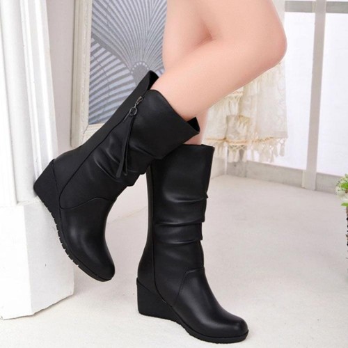 Casual Soft Soled Tall barrel Side Zipper Non Slip Boots - Black image