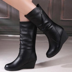 Casual Soft Soled Tall barrel Side Zipper Non Slip Boots - Black