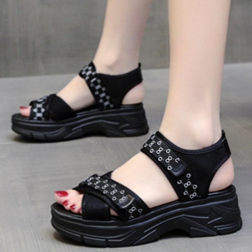 Open Toe Velcro Closure Cross Border Strappy Wedge Sandals - Black image
