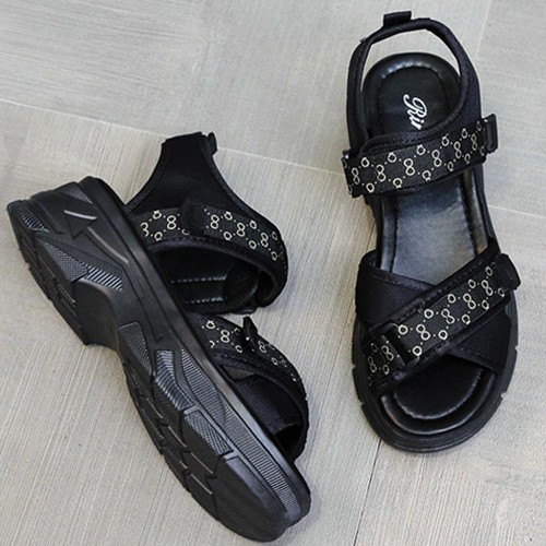 Open Toe Velcro Closure Cross Border Strappy Wedge Sandals - Black image