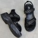 Open Toe Velcro Closure Cross Border Strappy Wedge Sandals - Black image