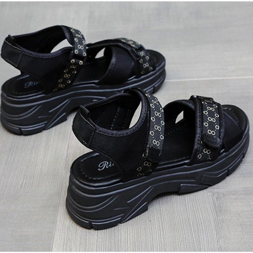 Open Toe Velcro Closure Cross Border Strappy Wedge Sandals - Black image