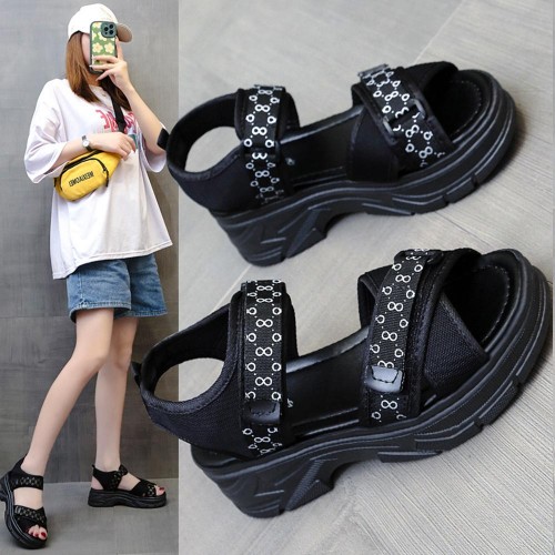 Open Toe Velcro Closure Cross Border Strappy Wedge Sandals - Black image