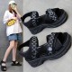Open Toe Velcro Closure Cross Border Strappy Wedge Sandals - Black image