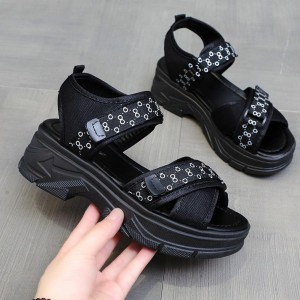 Open Toe Velcro Closure Cross Border Strappy Wedge Sandals - Black