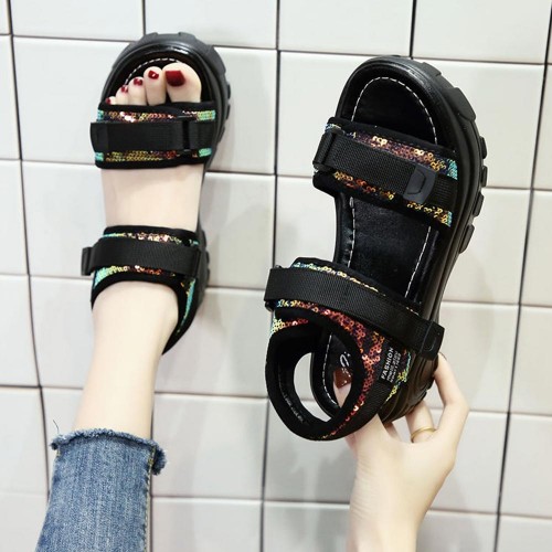 Sequin Velcro Closure Strap Peep Toe Women Wedge Sandals - Black image