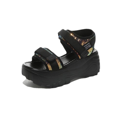 Sequin Velcro Closure Strap Peep Toe Women Wedge Sandals - Black image