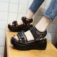 Sequin Velcro Closure Strap Peep Toe Women Wedge Sandals - Black image