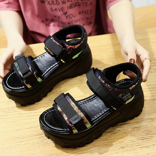Sequin Velcro Closure Strap Peep Toe Women Wedge Sandals - Black image