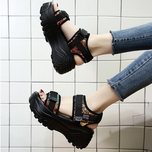 Sequin Velcro Closure Strap Peep Toe Women Wedge Sandals - Black image