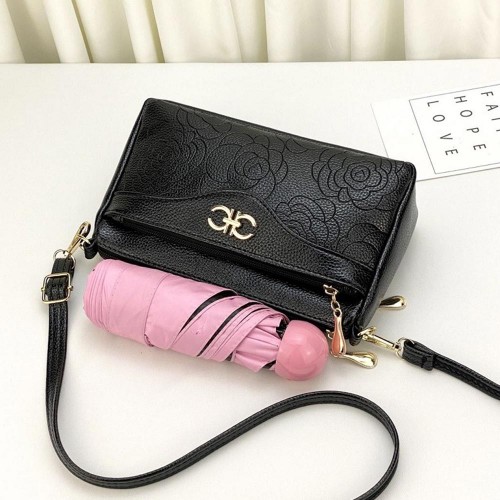 Korean Style Floral Zipper Diagonal Shoulder Bag - Black image