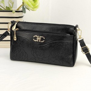 Korean Style Floral Zipper Diagonal Shoulder Bag - Black