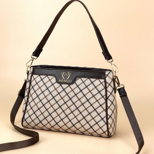 Plaid Cross Border Detachable Handle Geometric Hand Bag - Brown |image