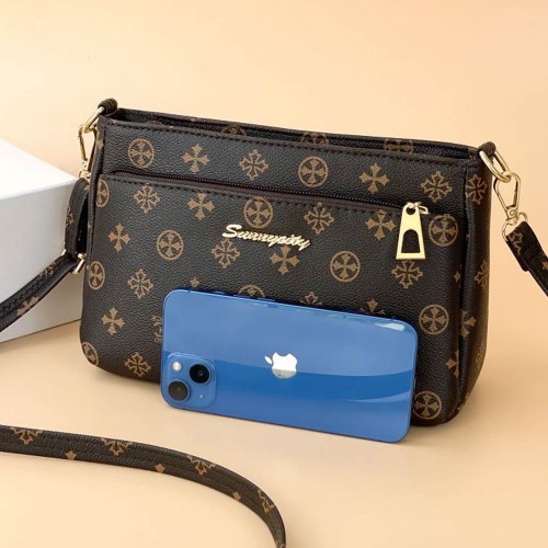 Oblique Adjustable Stripe Floral Women Shoulder Bag - Dark Brown image