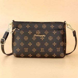 Oblique Adjustable Stripe Floral Women Shoulder Bag - Dark Brown