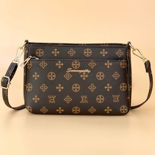 Oblique Adjustable Stripe Floral Women Shoulder Bag - Dark Brown image